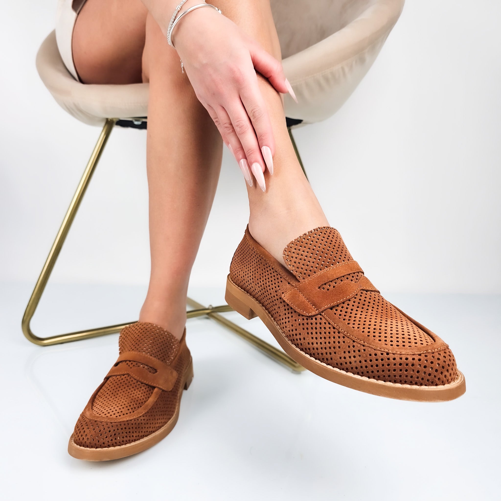 Amandine - Mocassini Donna Forati Vera Pelle Made In Italy